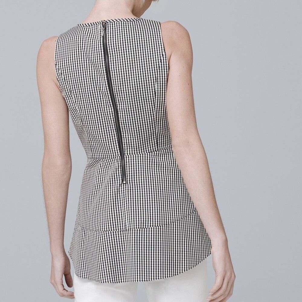 White House Black Market Tunic Top Womens 8 Black Gingham Sleeveless Peplum Zip - Picture 6 of 9